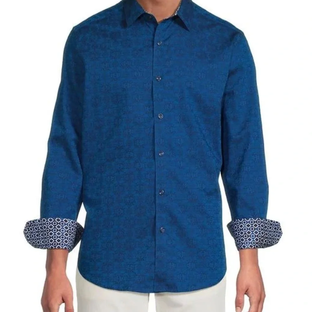 Robert Graham Cullen Blue Jacquard Flip Cuff Dress Shirt, NWOT, Size 1XLT - Picture 1 of 12